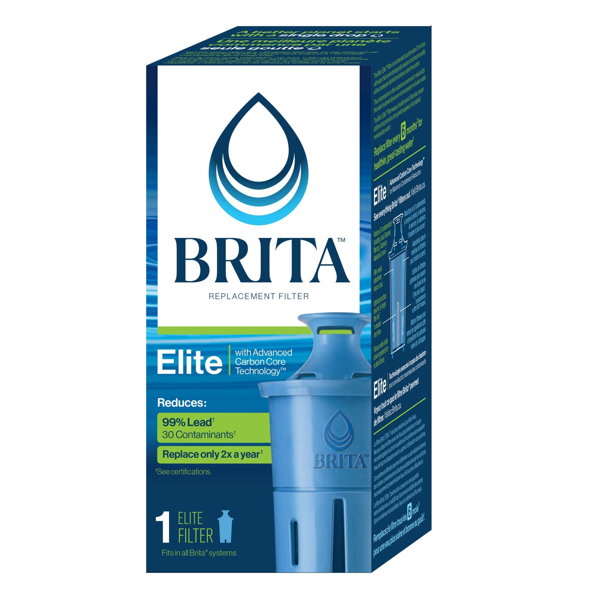 Brita Elite Replacement Filter, Reduces 30+ contaminants while keeping healthy minerals, WQA Certified to reduce Lead, Microplastics, Chromium and Chlorine, Lasts 6 months, 1 Count - Available at All In One Marketplace Canada