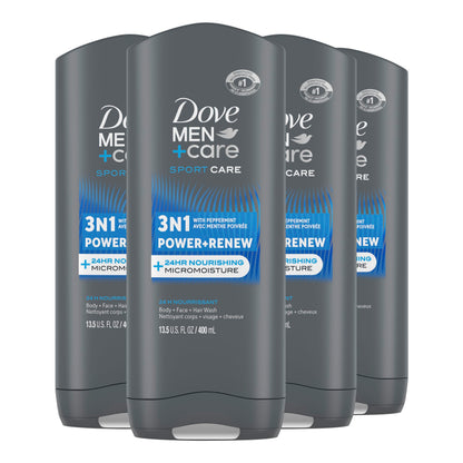 Dove Men+Care Refreshing Power + Renew 3N1 Body, Hair and Face Wash with 24-Hour Nourishing Micromoisture Technology Body Wash for Men 400 ml (Pack of 4) - Available at All In One Marketplace Canada