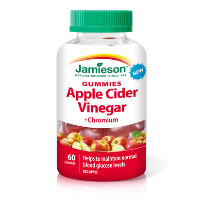 Jamieson Apple Cider Vinegar Gummy with Chromium, 60 Red Apple Flavoured Gummies. Helps Maintain Normal Blood Glucose Levels and Supports Metabolism. Vegetarian, No Artificial Colours or Flavours - Available at All In One Marketplace Canada