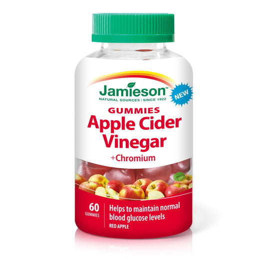 Jamieson Apple Cider Vinegar Gummy with Chromium, 60 Red Apple Flavoured Gummies. Helps Maintain Normal Blood Glucose Levels and Supports Metabolism. Vegetarian, No Artificial Colours or Flavours - Available at All In One Marketplace Canada