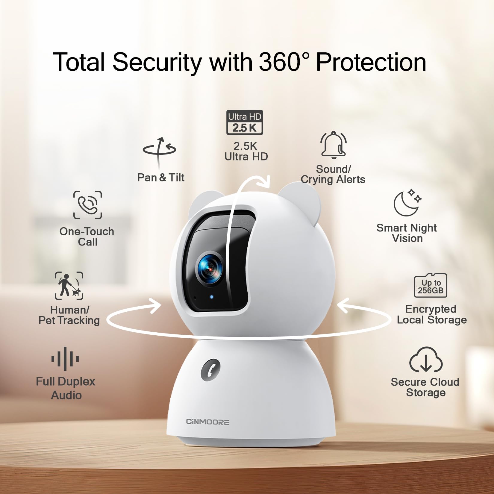 CINMOORE 2.5K Camera Surveillance Interieur, Indoor Security Cam, Free AI Pet/Person/Cry Detection, 4MP Pet Camera with Phone App Pan Tilt 2.4GHz WiFi, Night Vision, Full Duplex Audio