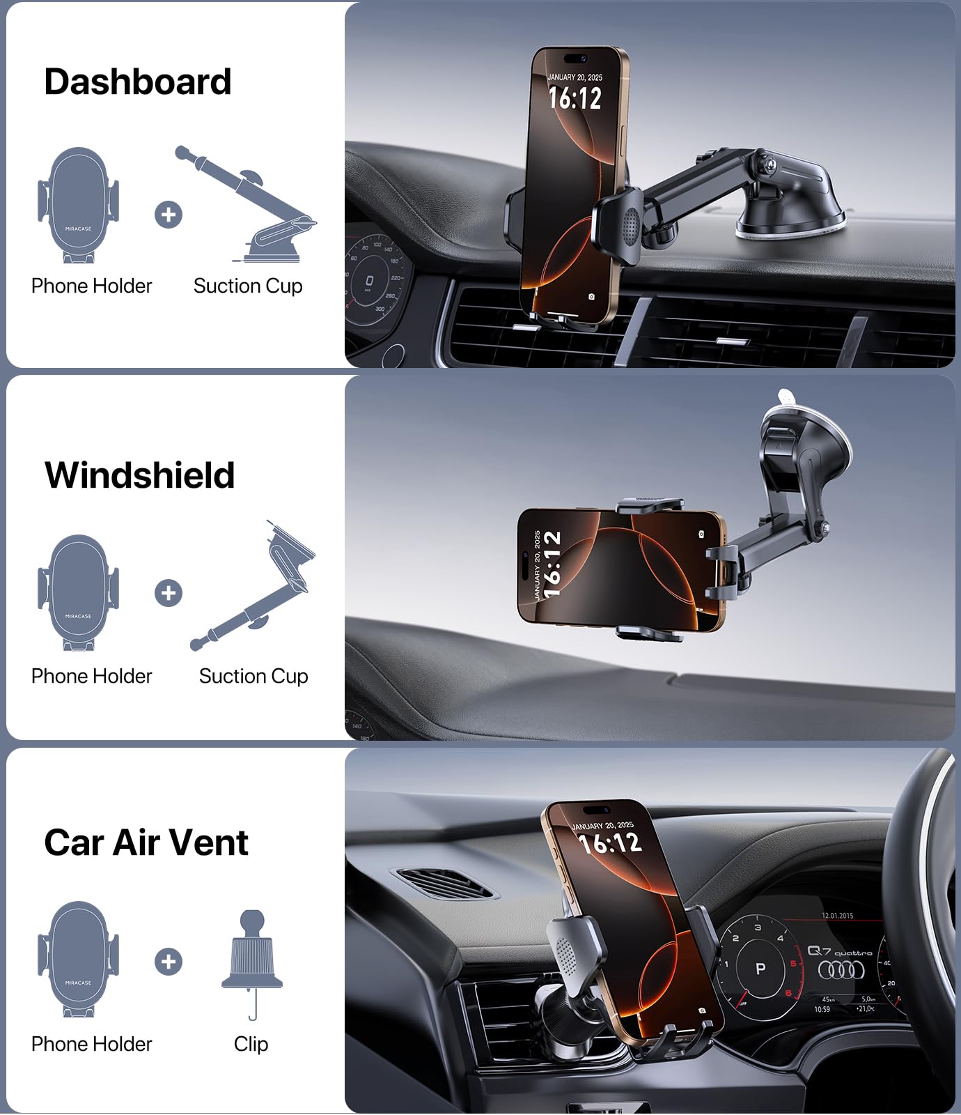 Miracase [2026 Upgraded Strong Military Grade Suction Cup] Car Phone Holder for Cars Dashboard Windscreen Air Vent Desk, 4 in 1 Mobile Phone Mount Automobile Cradle Stand for All Smartphones