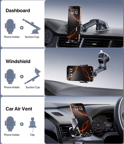 Miracase [2026 Upgraded Strong Military Grade Suction Cup] Car Phone Holder for Cars Dashboard Windscreen Air Vent Desk, 4 in 1 Mobile Phone Mount Automobile Cradle Stand for All Smartphones