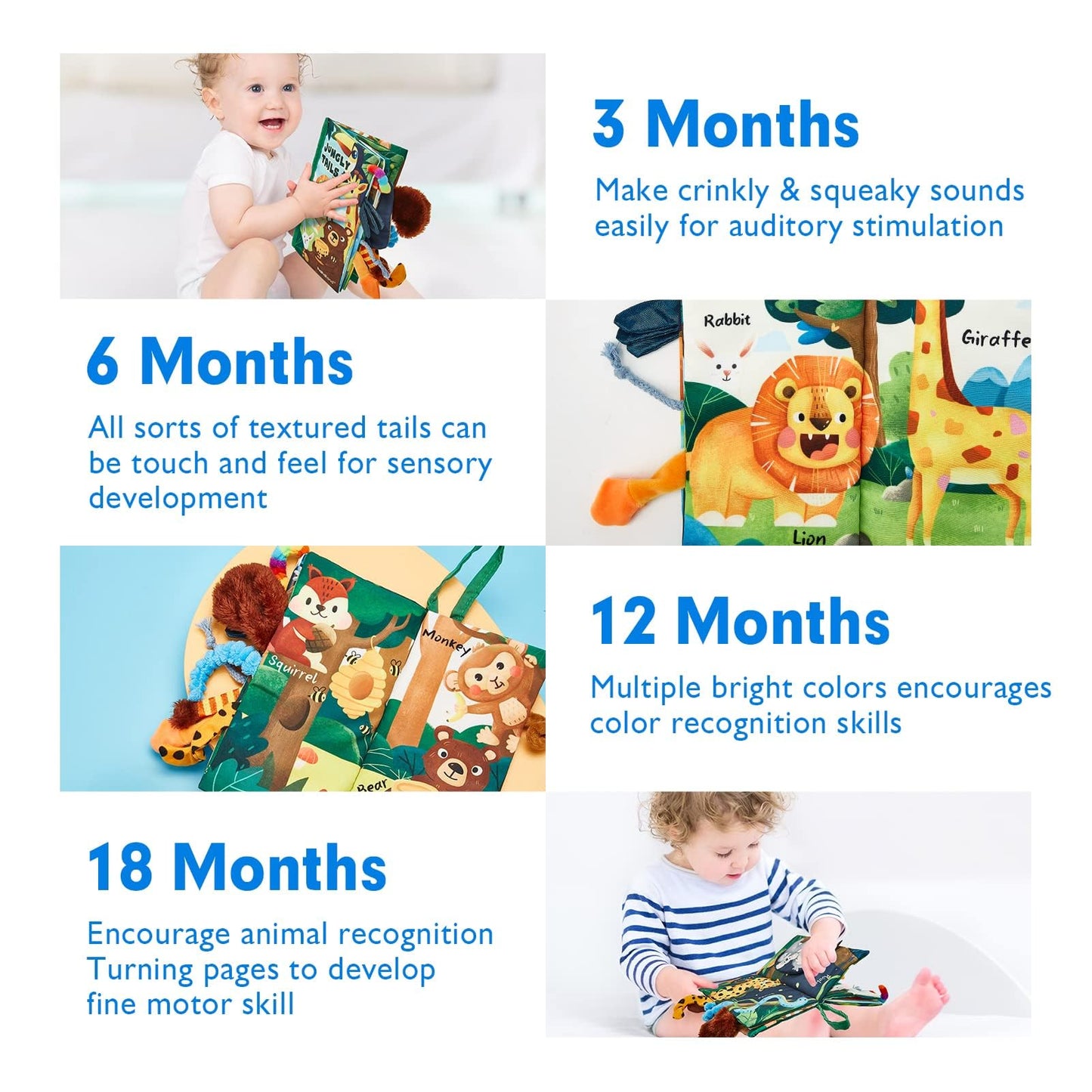 hahaland Baby Book Toy 0 3 6 12 Months - Touch and Feel First Crinkle Cloth Soft Book for Babies 0 Months, Baby Boy Girl Gifts for Newborn Infant - Jungly Tails Theme