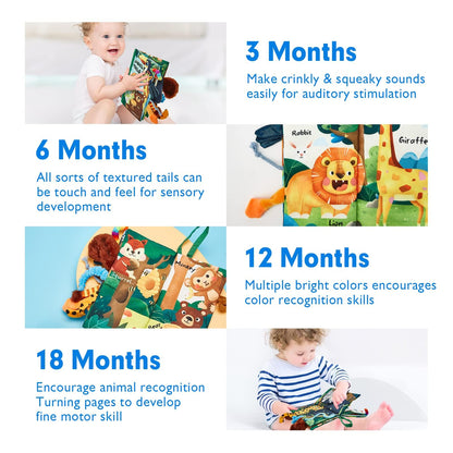hahaland Baby Book Toy 0 3 6 12 Months - Touch and Feel First Crinkle Cloth Soft Book for Babies 0 Months, Baby Boy Girl Gifts for Newborn Infant - Jungly Tails Theme