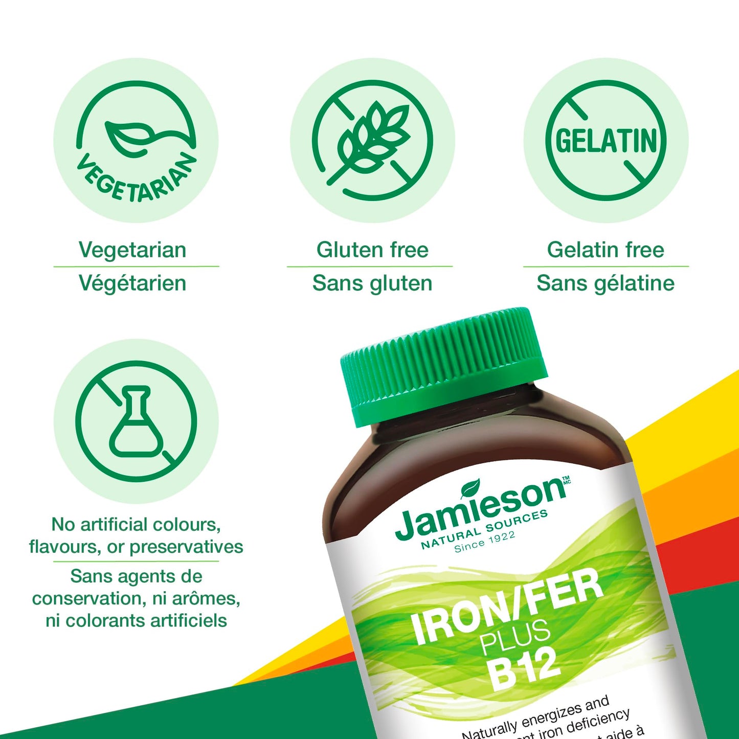 Jamieson Chewable Iron 18 mg Plus Vitamin B12 1,000 mcg Tropical Mango Lime Flavour, Helps Prevent Iron Deficiency, and Supports Natural Energy. Vegetarian, Gluten-Free, No Artificial Colours, Flavours, or Preservatives, 45 Chewable Tablets - Available at All In One Marketplace Canada