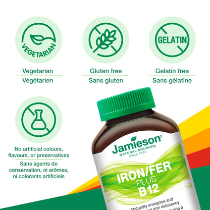 Jamieson Chewable Iron 18 mg Plus Vitamin B12 1,000 mcg Tropical Mango Lime Flavour, Helps Prevent Iron Deficiency, and Supports Natural Energy. Vegetarian, Gluten-Free, No Artificial Colours, Flavours, or Preservatives, 45 Chewable Tablets - Available at All In One Marketplace Canada