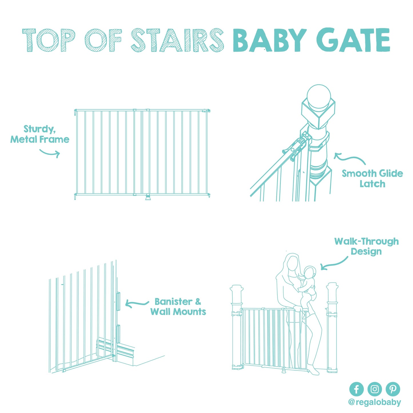 Regalo 2-in-1 Stairway and Hallway Wall Mounted Baby Gate, Includes Banister and Wall Mounting Kit, White 🍁 All In One Marketplace Canada