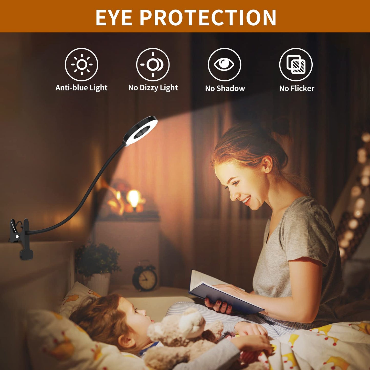 iZELL Desk Lamp, LED Reading Light with Clamp, 3 Color Modes & 10 Brightness Silicone Flexible Arm Book Light for Kids Reading Book in Bed at Night Clip on Table, Zoom Meetings - 15.8'' Black