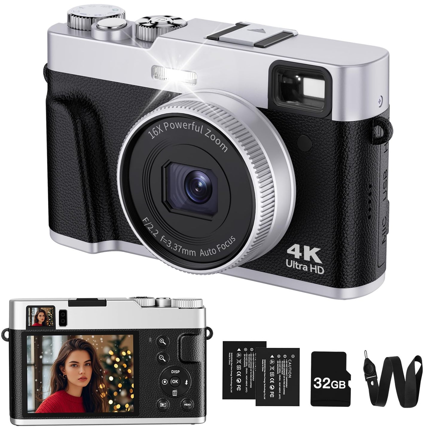 ToAuite 4K Digital Camera with Viewfinder, 48MP Autofocus Vlogging Camera for Photography and Video, Anti-Shake 16X Zoom Travel Portable Camera with Flash 32GB Card, Selfie YouTube Cameras with Dial - Available at All In One Marketplace Canada