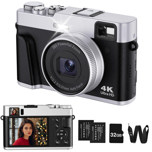 ToAuite 4K Digital Camera with Viewfinder, 48MP Autofocus Vlogging Camera for Photography and Video, Anti-Shake 16X Zoom Travel Portable Camera with Flash 32GB Card, Selfie YouTube Cameras with Dial - Available at All In One Marketplace Canada