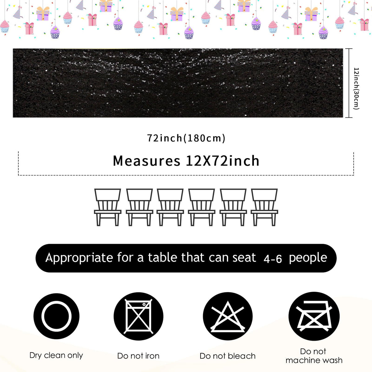 B-COOL Black Sequin Table Runner 4 Pack 12x72Inch Glitter Halloween Decoration Sparkly Black Table Fabric for Graduation Holiday Birthday Outdoor Dining Party Decoration