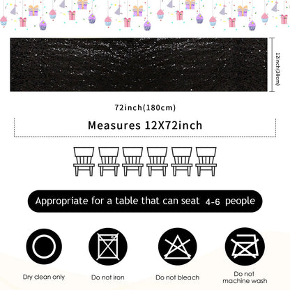 B-COOL Black Sequin Table Runner 4 Pack 12x72Inch Glitter Halloween Decoration Sparkly Black Table Fabric for Graduation Holiday Birthday Outdoor Dining Party Decoration
