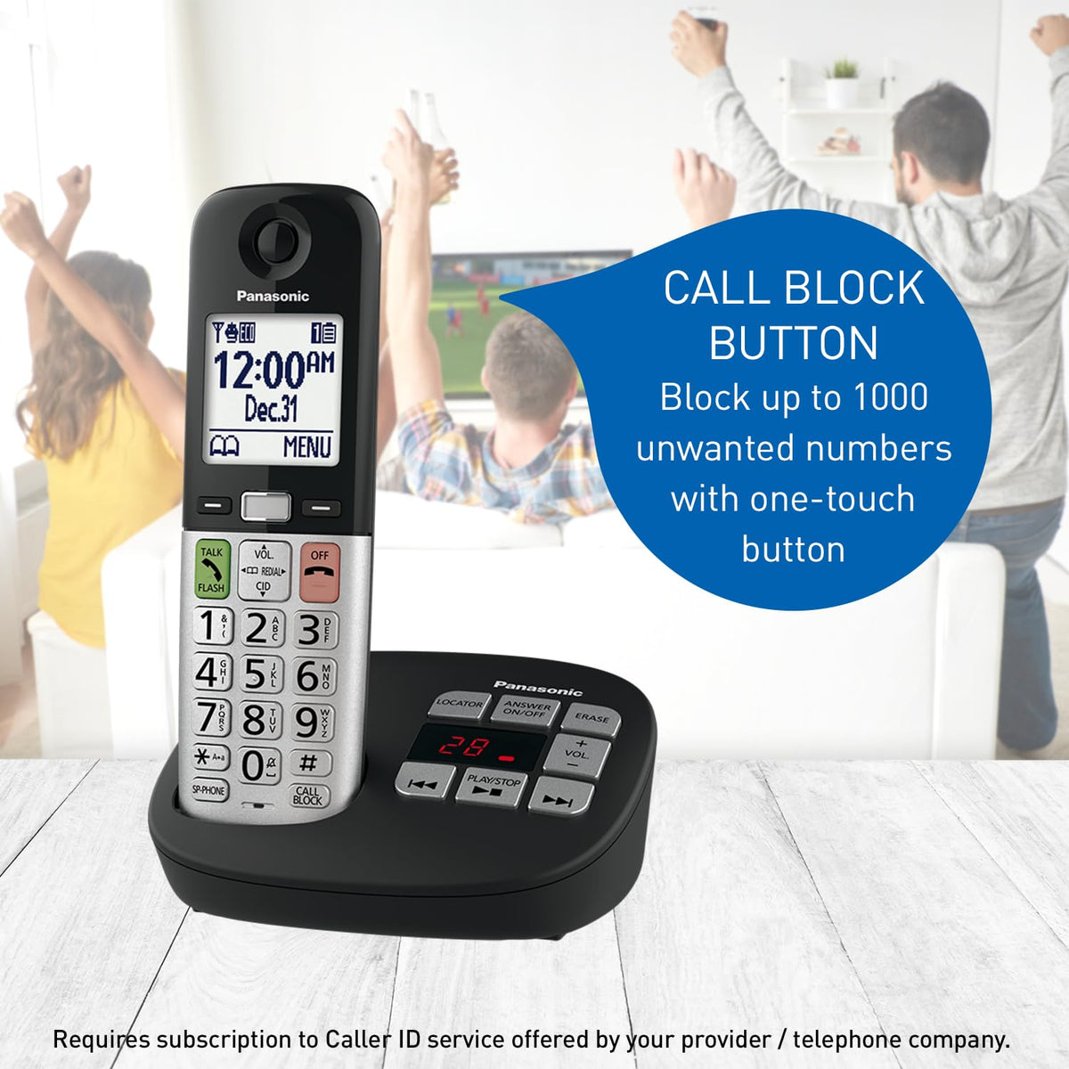 Panasonic Cordless Phone, Large Display and Big Buttons, Flashing Favourites Key, Built in Flashlight, Call Block, Volume Boost, Talking Caller ID, 2 Cordless Handsets - KX-TGU432CB (Black/Silver)