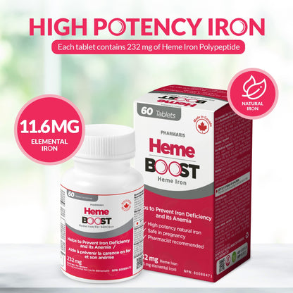 Hemeboost 232mg Heme Iron Supplements Polypeptide, (11.6mg Elemental Iron), Prevents Iron Deficiency & Anemia, Better Absorption, Well-Tolerated, Safe for Pregnancy, 60 Tablets - Available at All In One Marketplace Canada