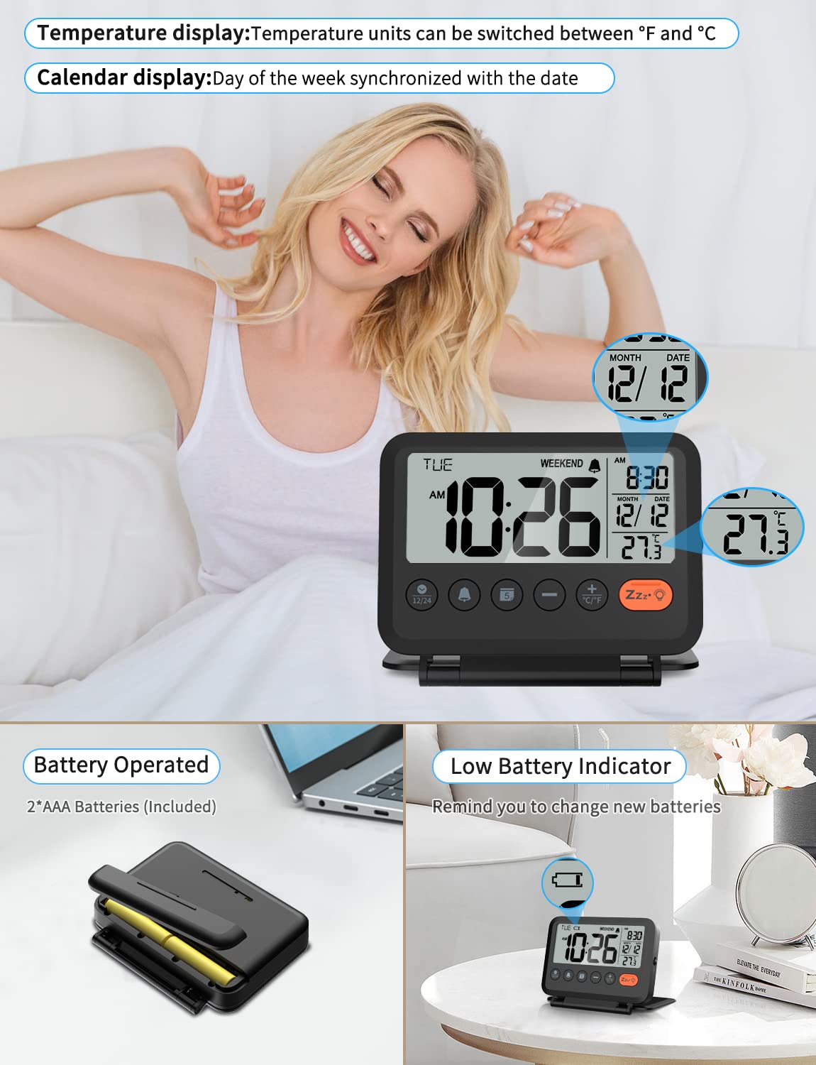 MeesMeek Digital Travel Alarm Clock: Small Bedside LCD Clock with Date Temperature Snooze Backlight 12/24H Weekend Mode and 2 Volume, Desk Clock for Kids Office Bedroom, Battery Included (Black) - Available at All In One Marketplace Canada