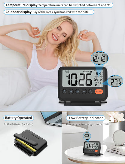 MeesMeek Digital Travel Alarm Clock: Small Bedside LCD Clock with Date Temperature Snooze Backlight 12/24H Weekend Mode and 2 Volume, Desk Clock for Kids Office Bedroom, Battery Included (Black) - Available at All In One Marketplace Canada