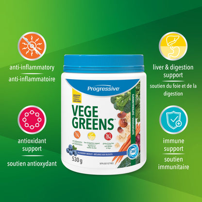 Progressive VegeGreens Blueberry Medley, Vegan Canadian-Made Superfoods + Daily Greens with 23 Whole Foods, Adaptogens, Anti-Inflammatory, Antioxidants & Digestive Support for Energy and Immunity, 530 g Progressive Health