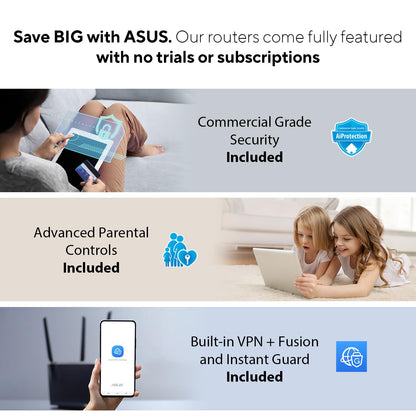 ASUS RT-AX1800S Dual Band WiFi 6 Extendable Router, Subscription-Free Network Security, Parental Control, Built-in VPN, AiMesh Compatible, Gaming & Streaming, Smart Home Asus