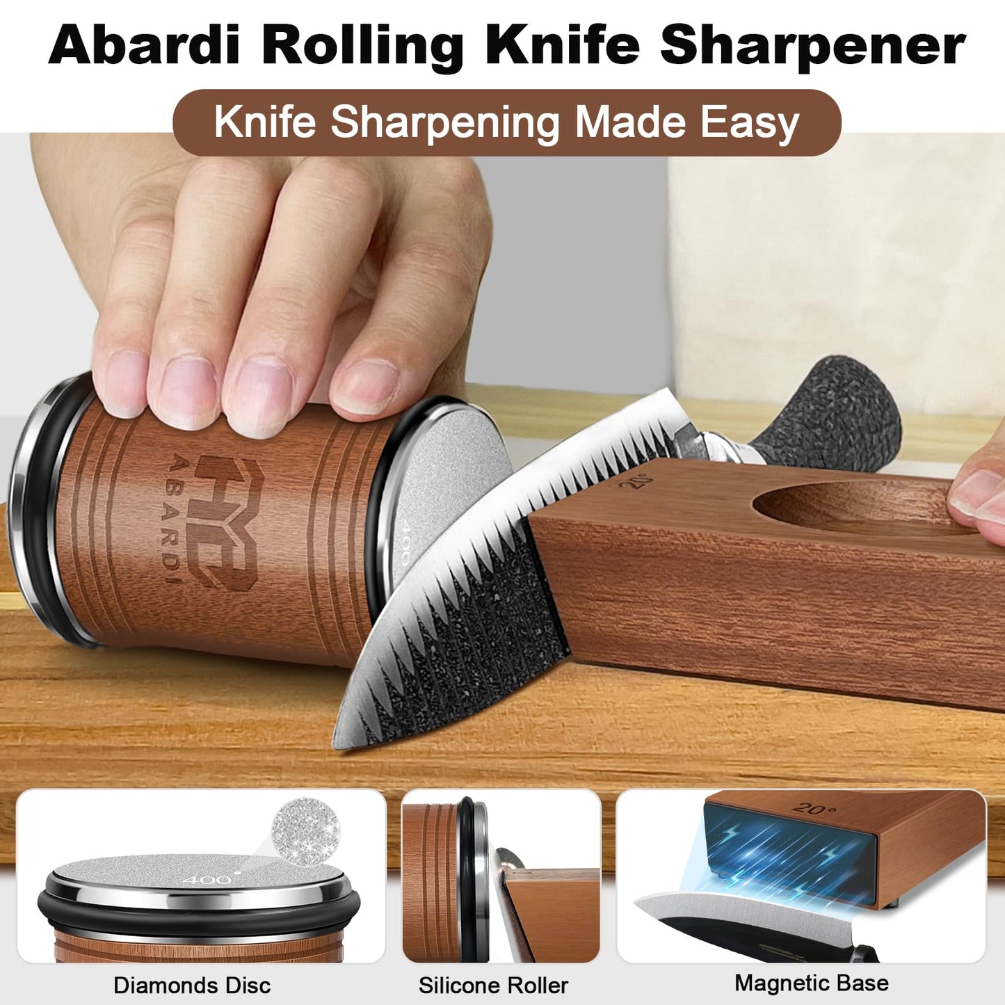 Abardi Rolling Knife Sharpener, Knife Sharpening with Diamonds Made Easy, Knife Sharpeners Kit with 15 & 20 Degree Magnetic Angle, Kitchen Gadgets Birthday Gifts for Men Dad Husband Fathers (Walnut) - Available at All In One Marketplace Canada