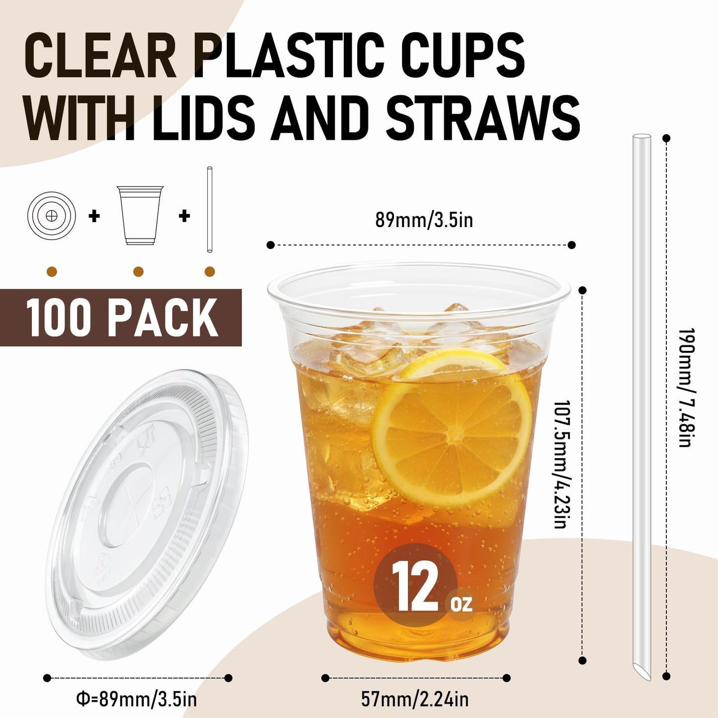 100 Pcs Clear Plastic Cups with Flat Lids and Straws, 12 oz Disposable PET Iced Coffee Cups - Ideal for Ice Coffee, Smoothie, Juice, Lemonade, Cold Beverages - Available at All In One Marketplace Canada
