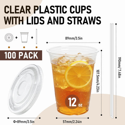 100 Pcs Clear Plastic Cups with Flat Lids and Straws, 12 oz Disposable PET Iced Coffee Cups - Ideal for Ice Coffee, Smoothie, Juice, Lemonade, Cold Beverages - Available at All In One Marketplace Canada