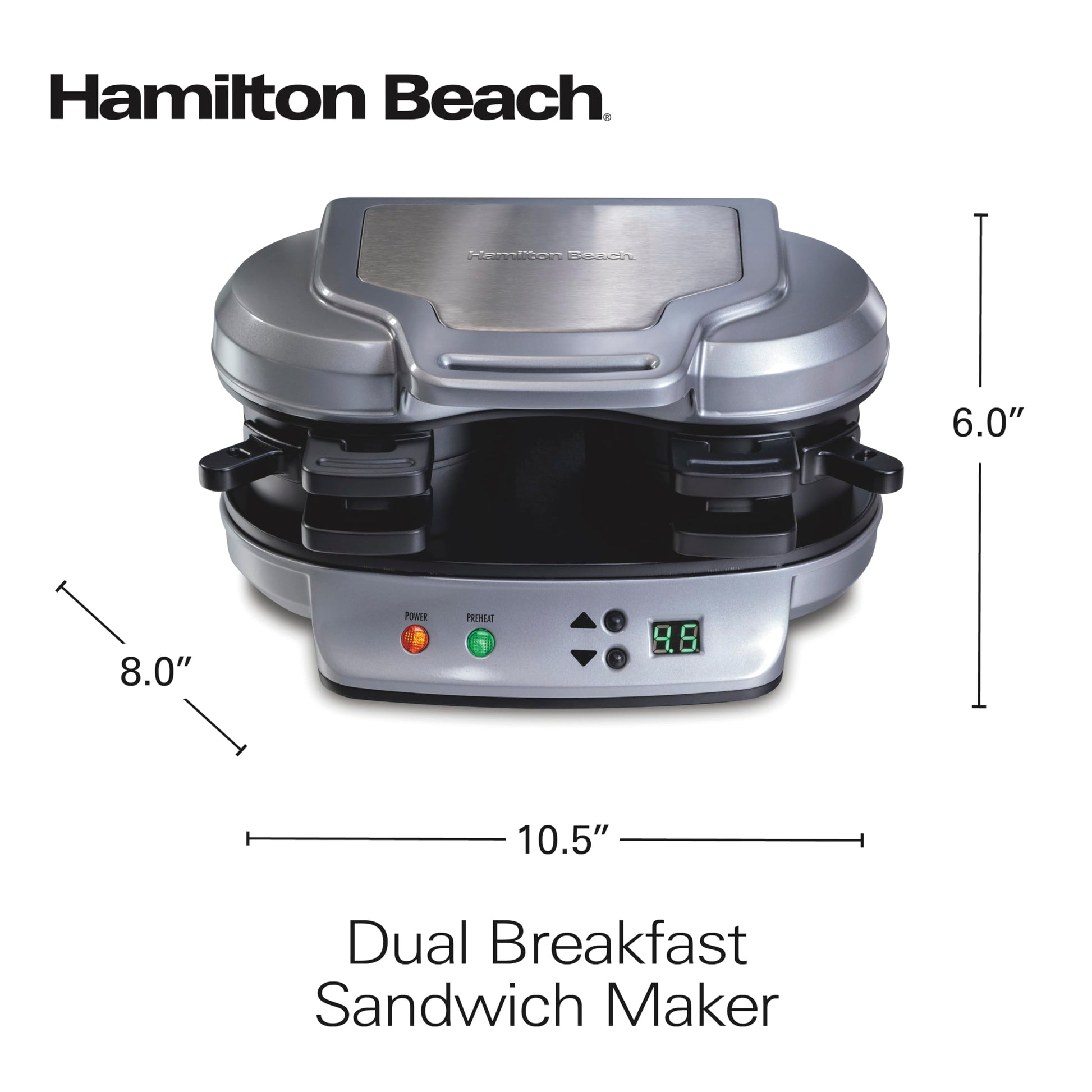 Hamilton Beach Dual Breakfast Sandwich Maker with Audible Timer, Ready in 5 Minutes, Removable Dishwasher Safe PFAS-Free Non-Stick Egg Cooker Ring, Silver (25490MNC) Hamilton Beach