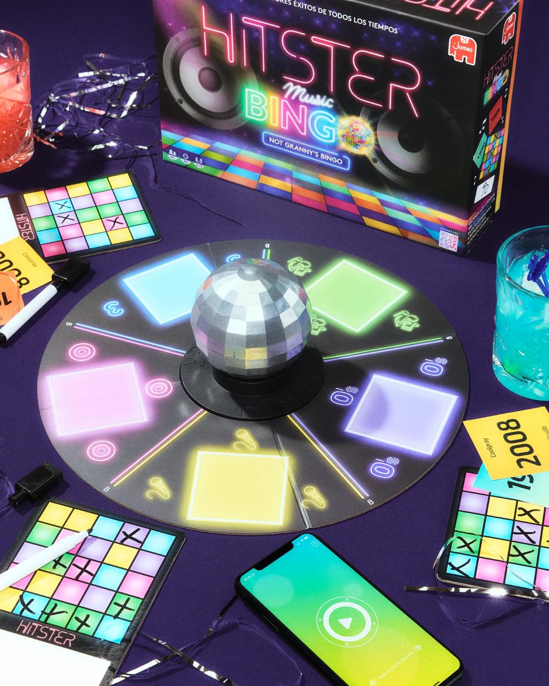 HITSTER Bingo – Music Party Game with Disco Ball, 225 Music Cards & Wipe-Off Boards – Interactive Quiz Game for Adults & Teens 16+