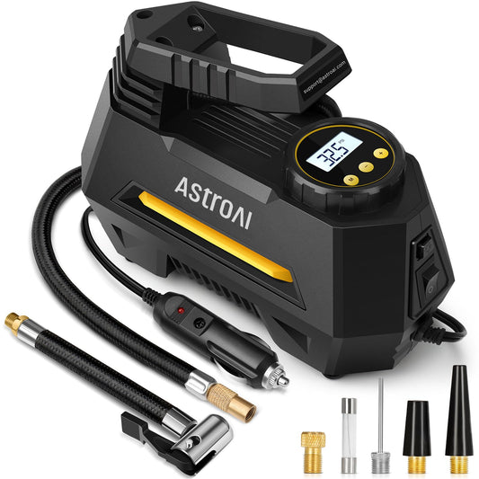 AstroAI AIRUN H Tire Inflator Portable Air Compressor Air Pump for Car Tires-Car Accessories, 9.8Ft Cord-12V DC-Powered Auto Pump with Digital Pressure Gauge, LED Light for Bicycle, Balloons, Yellow