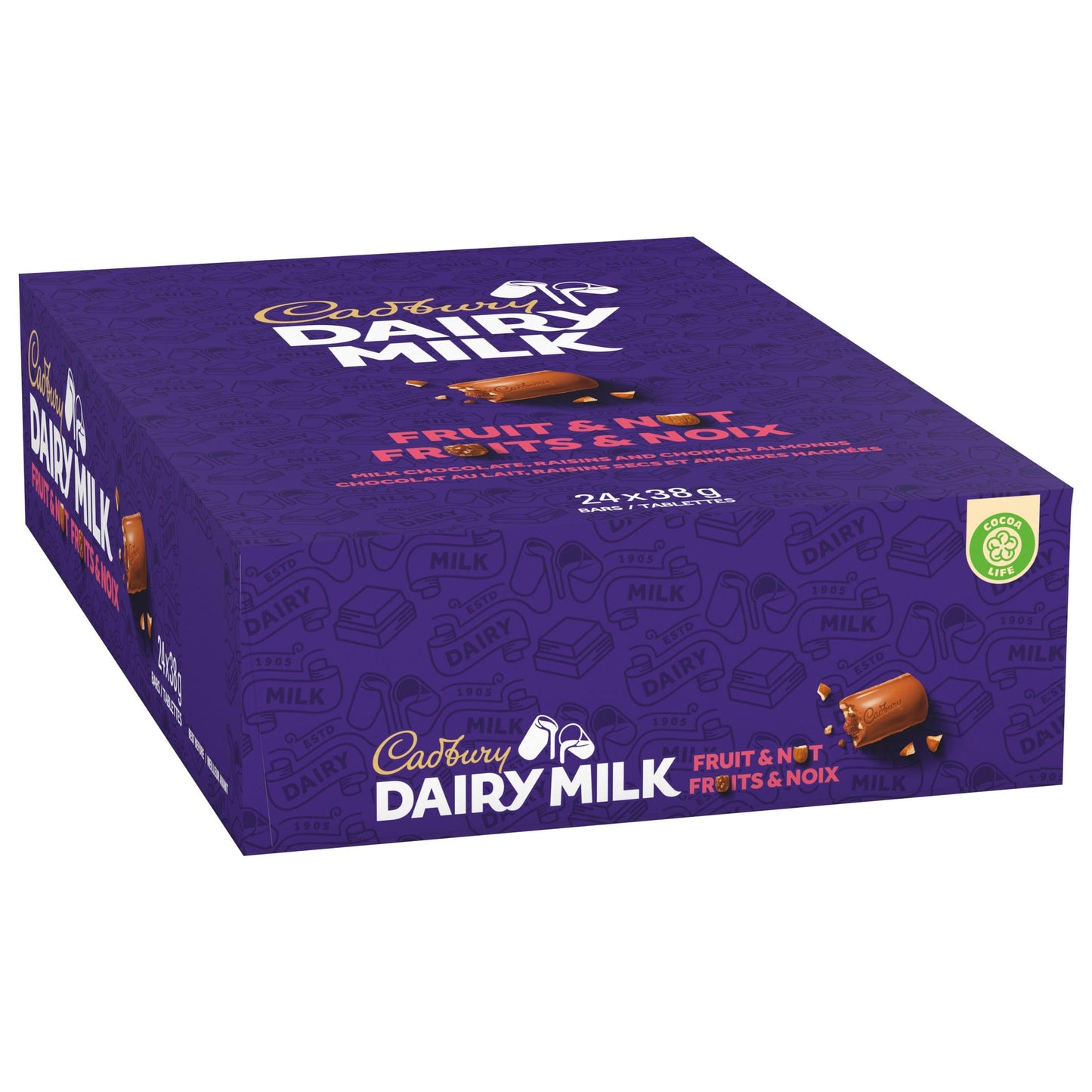 CADBURY DAIRY MILK Fruit & Nut Chocolate Bar - 24 Pack (38g each, 912g total) - Canadian Made