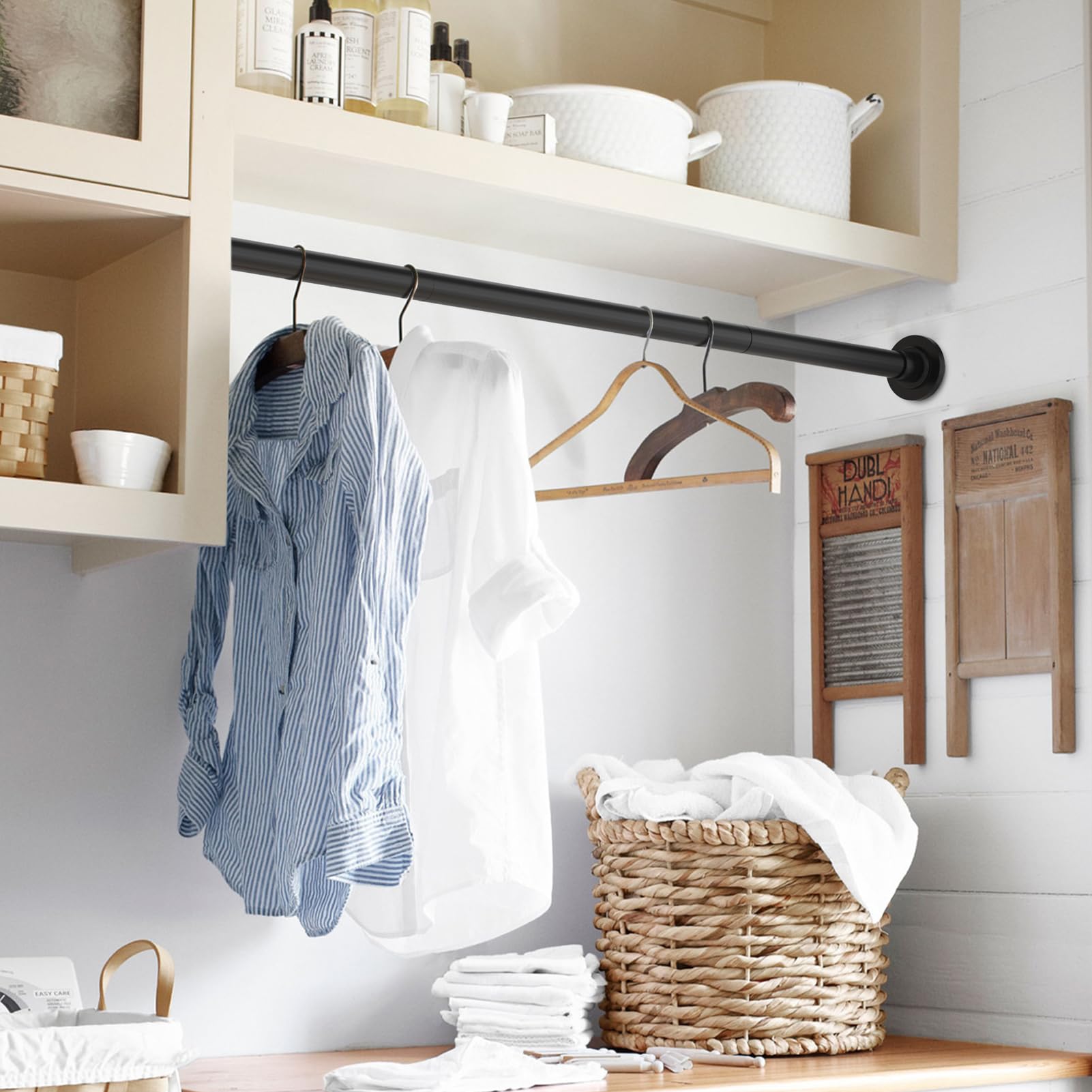 SUNALLY Shower Curtain Rod Adjustable 32-75 Inch, Spring Tension Shower Pole Rods Extendable Stainless Steel Telescoping Curtain Rod for Bathroom Windows Closet, No Drilling, No Slip, No Rust, Black - Available at All In One Marketplace Canada