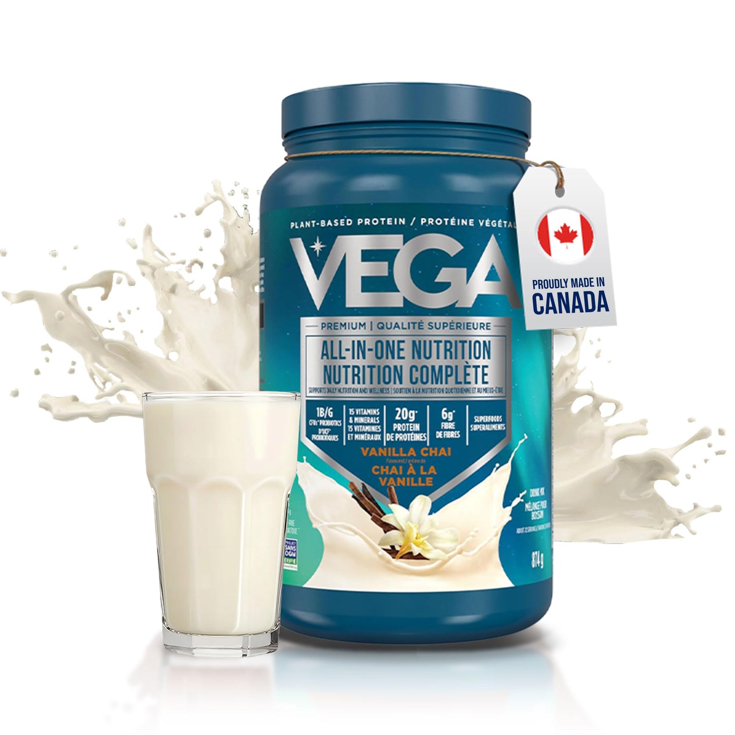 Vega Premium All-in-One Nutrition Protein Powder – 20g Plant-Based Vegan Protein, Vitamins & Probiotics, Vanilla Chai, 874g (18 Servings) 🍁 All In One Marketplace Canada