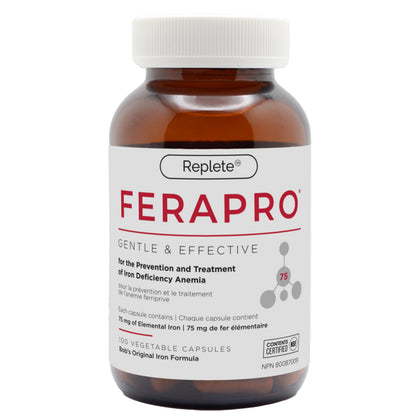FERAPRO 75 Targeted Iron Support 75 mg Elemental Iron with Vitamin C Methylcobalamin 5-MTHF Glycine 100 Capsules Vegan Clean Label - Available at All In One Marketplace Canada