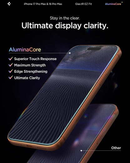 Spigen AluminaCore Tempered Glass Screen Protector [Glas.tR EZ Fit] designed for iPhone 17 Pro Max | iPhone 16 Pro Max [2 Pack] 9H+ Hardness, Aluminum-Enhanced Durability - Available at All In One Marketplace Canada