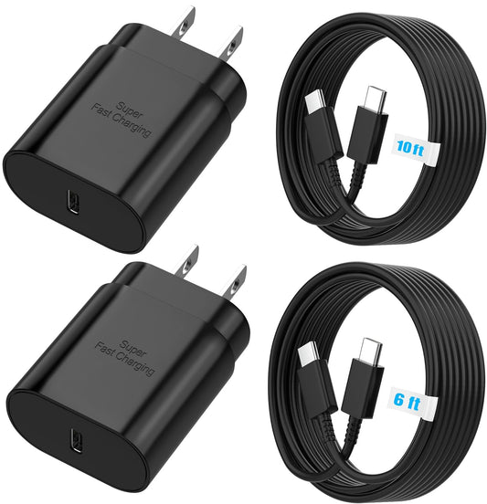 TT&C 25W Charger for Android, Super Fast Charging USB C Block & Type C Charge Cable Cord (6ft & 10ft) Compatible with Samsung Galaxy S26, S25, S24 Plus, S23, S22 & for iPhone 17/16/15- Black 2-Pack