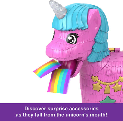 Polly Pocket Dolls & Playset with Pets & 25+ Surprise Accessories, Birthday Celebration Unicorn Partyland Playset, Hot Air Balloon Ride Mattel