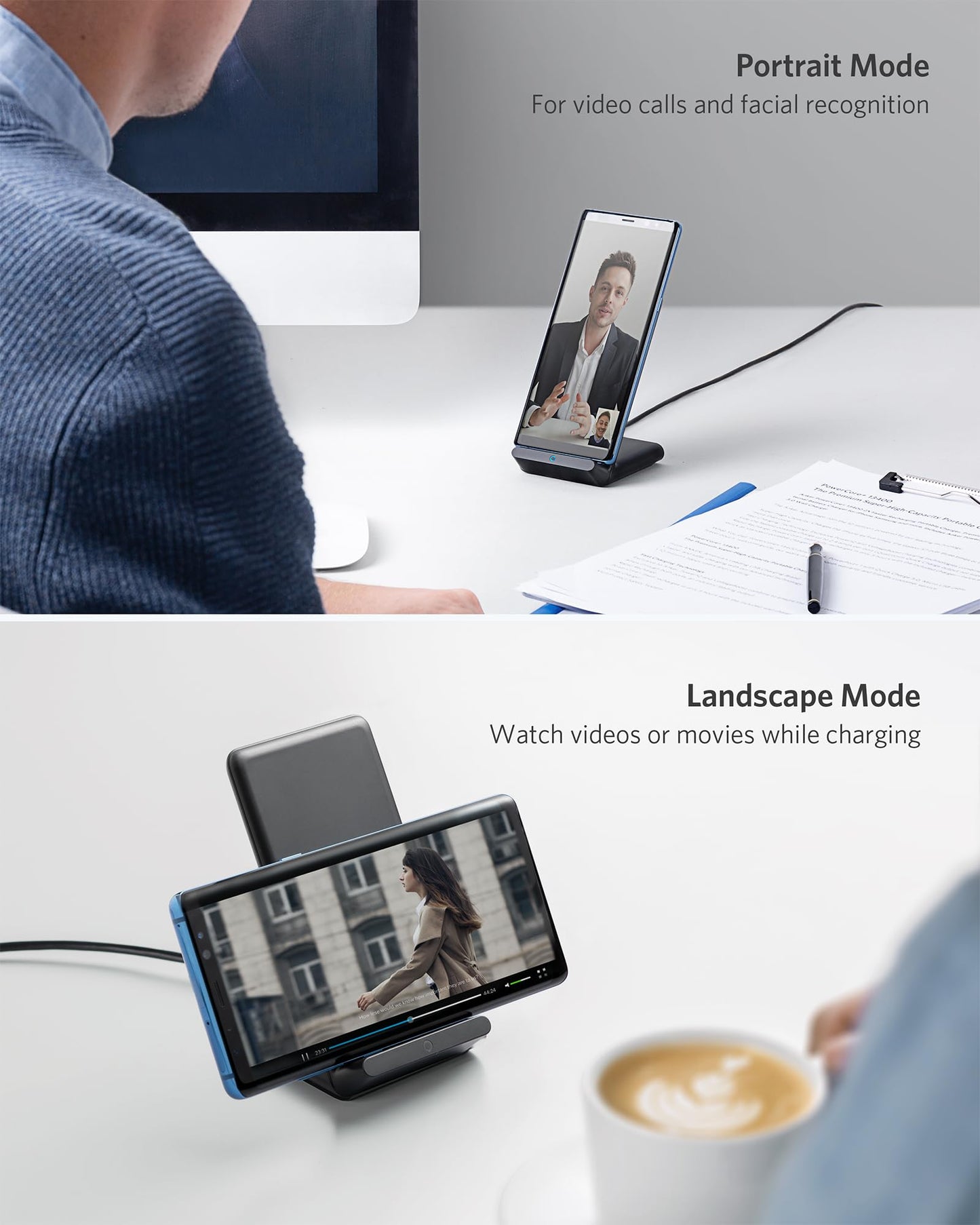 Anker 313 Wireless Charger (Stand), Qi-Certified for iPhone 15/14 / 13/12 / 11 / X / 8, 10W Max for Galaxy S23 / S22 / S21, Micro-USB (9V / 2A Adapter Required, Not Included)