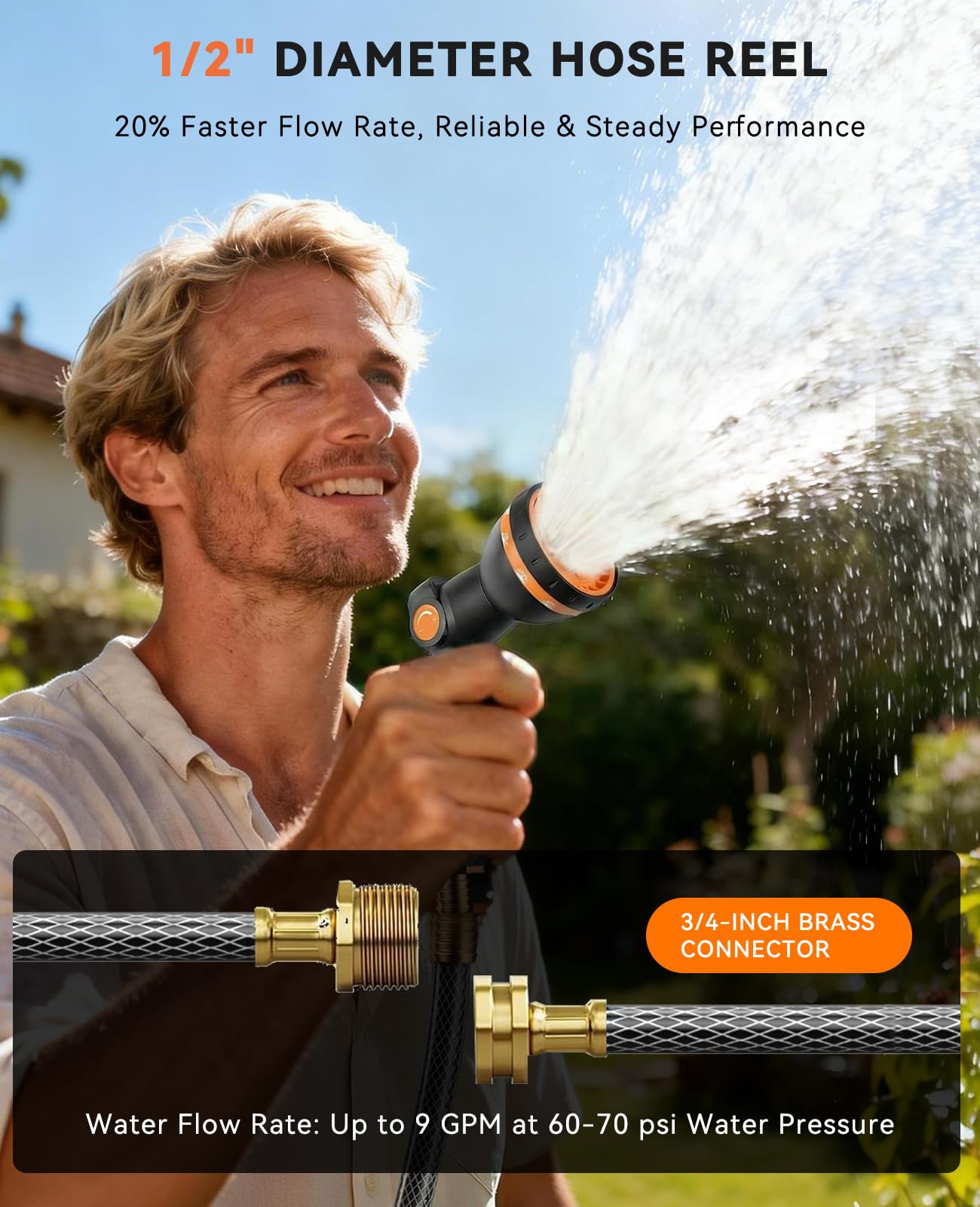 SUNPOW Retractable Garden Hose Reel - 1/2 inch x 50ft Wall Mounted Hose Reel with 3/4 inch Brass Fitting & 10 Function Sprayer Nozzle - Any Length Lock, Auto Rewind System, 180°Swivel Bracket - Grey - Available at All In One Marketplace Canada