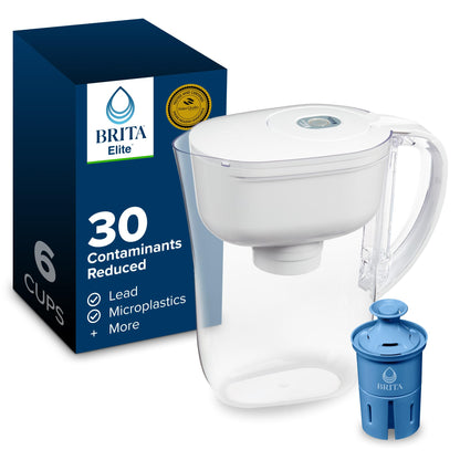 Brita 6 Cup Elite Filter Pitcher with Smart Light Indicator, Reduces 30+ Contaminants including Lead and Microplastics, Filter lasts 6 months, Metro, White BRITA