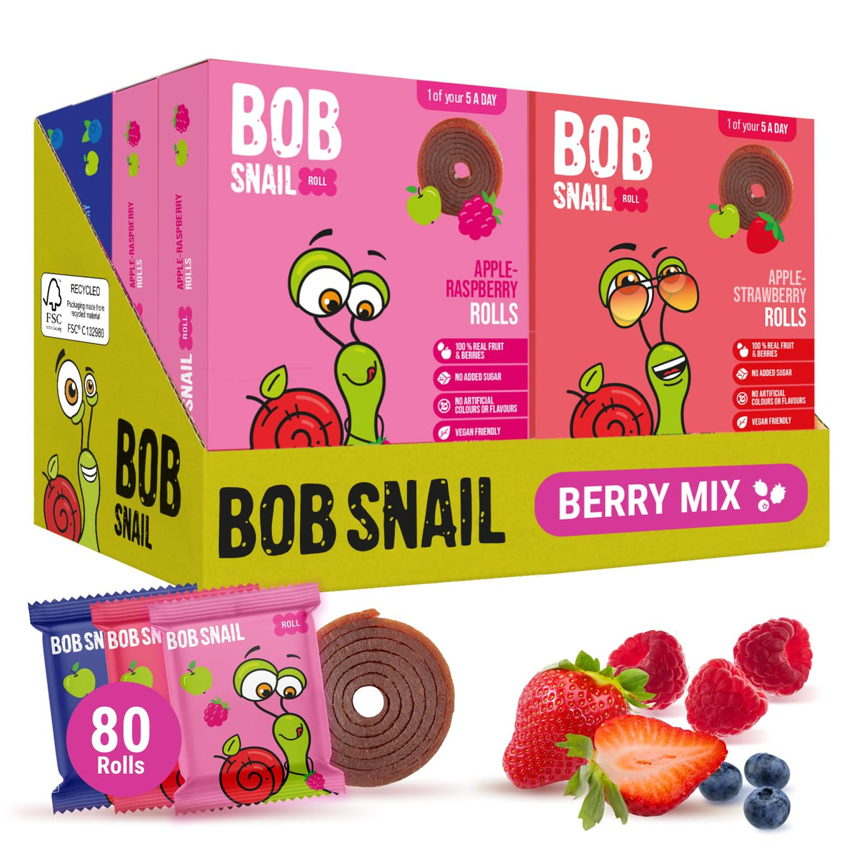 Bob Snail Fruit Roll Ups – Healthy Sweets Snacks, Real Dried Fruits, No Added Sugar, Vegan, Nut Free, Candy for Adults, Kids, with Blueberry, Raspberry, Strawberry – Bulk gift Box 80 pcs Rolls, 800g 🍁 All In One Marketplace Canada