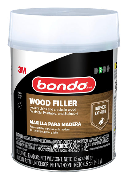 Bondo Wood Filler 12 oz with Hardener 0.5 oz, Repairs Chips and Cracks in Wood, Sandable, Paintable, and Stainable 3M