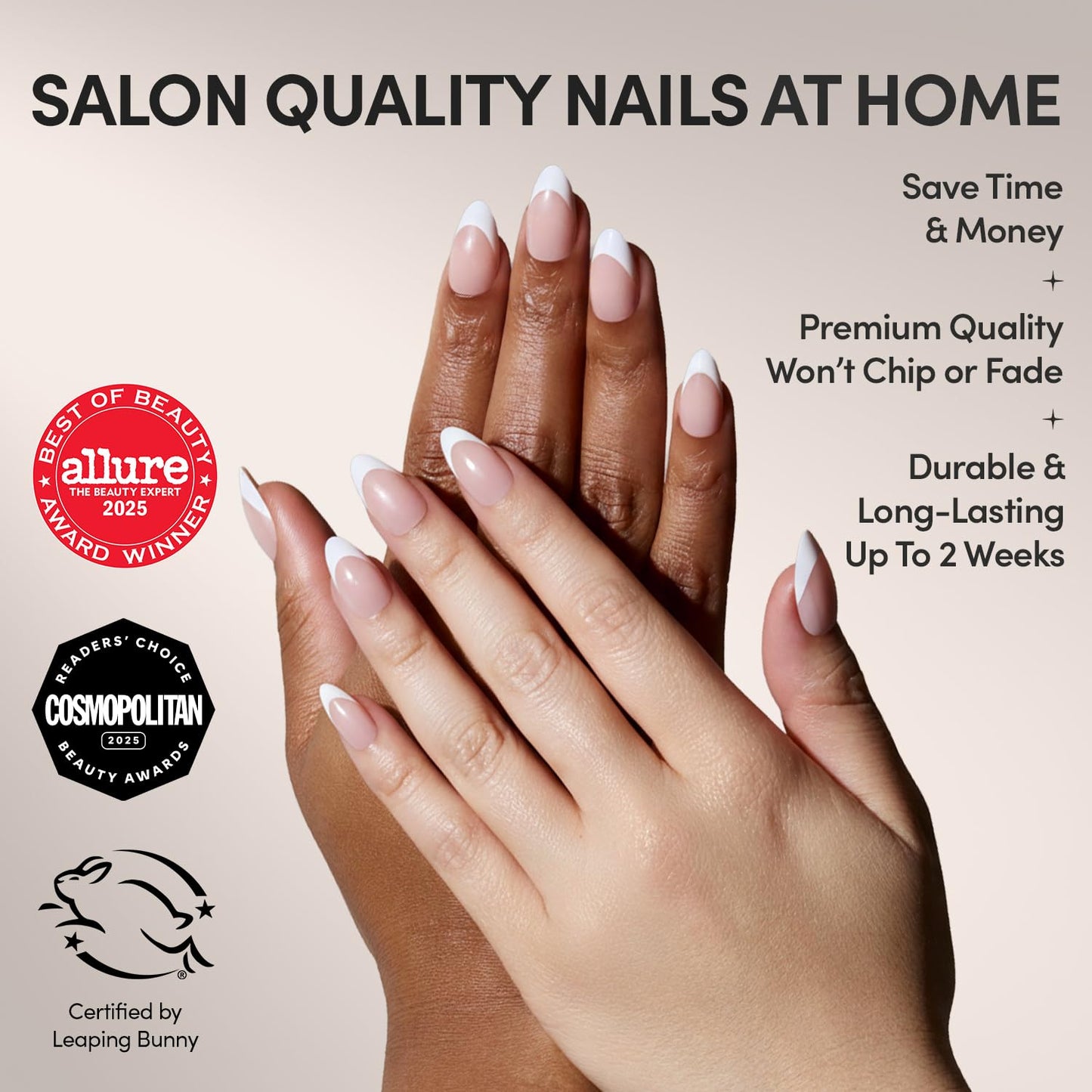 Glamnetic Press On Nails - Ma Damn | French Tip Nails, UV Finish Short Pointed Almond Shape, Reusable Semi-Transparent Nails in 12 Sizes - 24 Nail Kit with Glue - Available at All In One Marketplace Canada