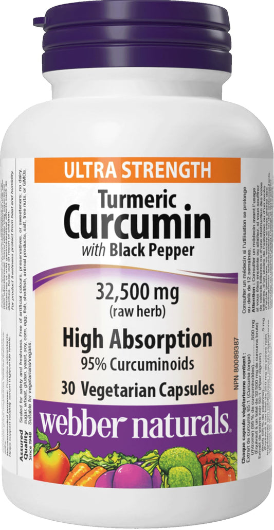 Webber Naturals Turmeric Curcumin Ultra Strength, 32,500 mg of Raw Herb, 30 Capsules, Antioxidant Support, Vegan Webber Naturals