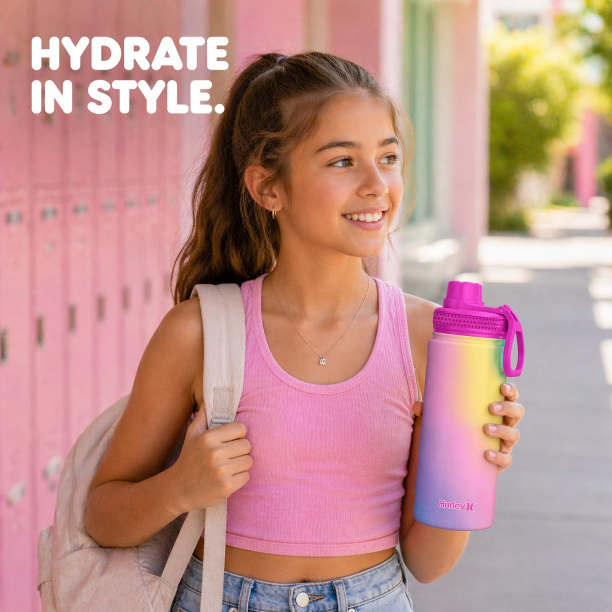 Hurley 16 Oz Reusable Water Bottle with Chug Cap Stainless Steel Sports Bottle, Pink Cyclone
