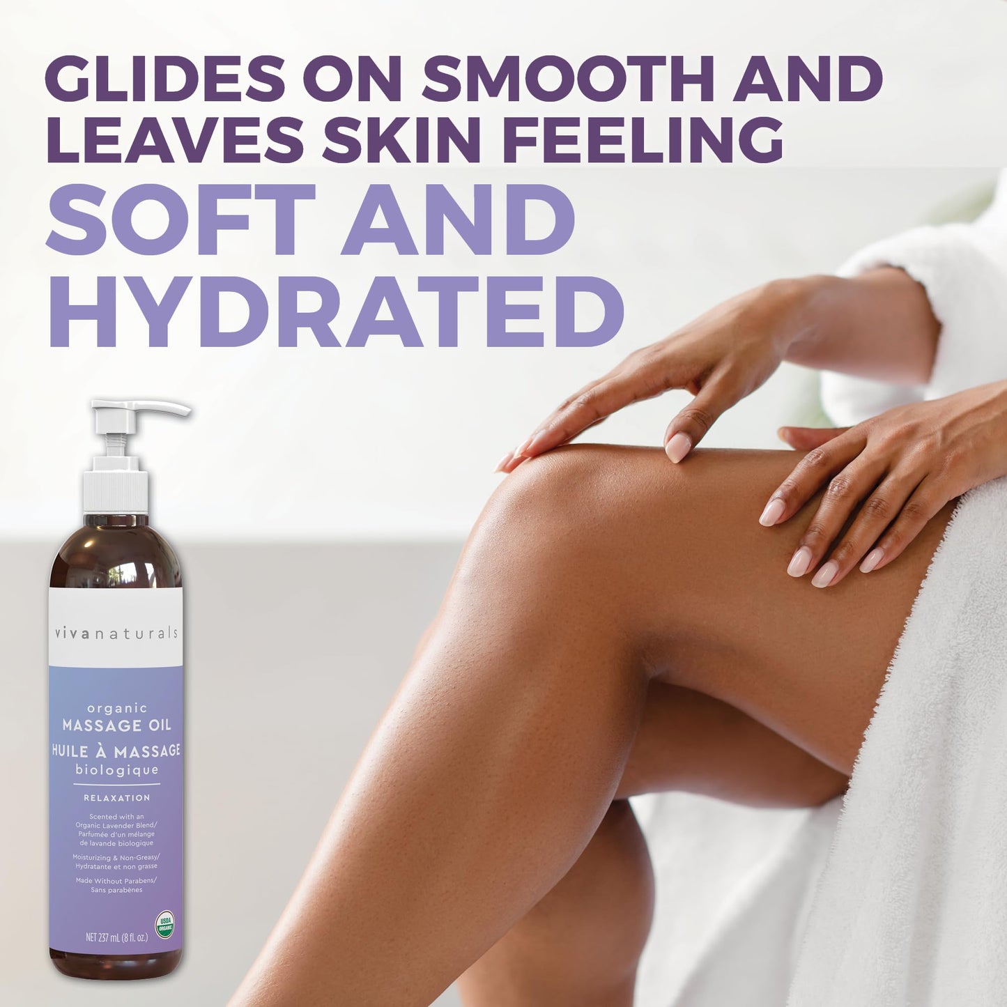 Viva Naturals Organic Massage Oil Scented (8 fl. oz.) - Non-Greasy Relaxation Scented Massage Oil with Mess-Free Pump, Moisturizing Proprietary Lavender Blend Body Oil, Non-GMO and Certified Organic, 237 mL 🍁 All In One Marketplace Canada