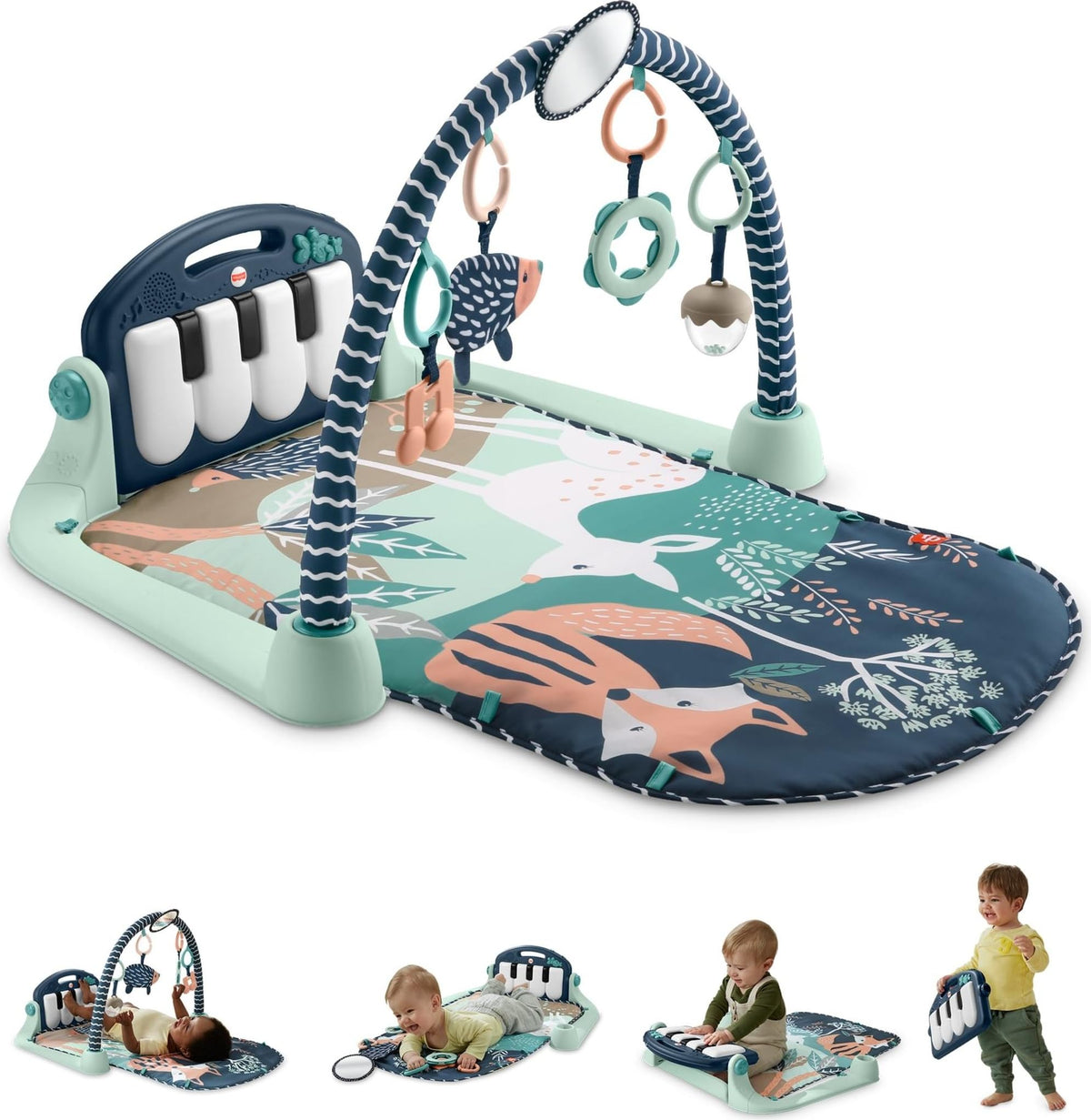Fisher-Price Baby Playmat Kick & Play Piano Gym with Musical and Sensory Toys for Newborn to Toddler, Navy Fawn