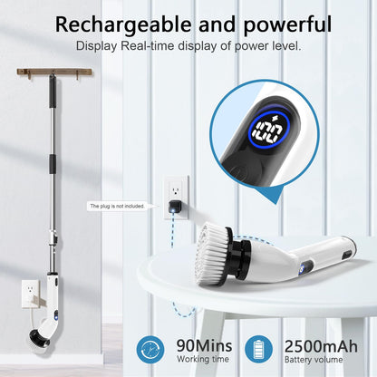 TUYU Electric Spin Scrubber, Full-Body IPX7 Waterproof Bathroom Scrubber with Power LCD Display, Adjustable Extension Handle, Cordless Shower Cleaner Brush for Bathtub Kitchen Wall Cleaning - Available at All In One Marketplace Canada