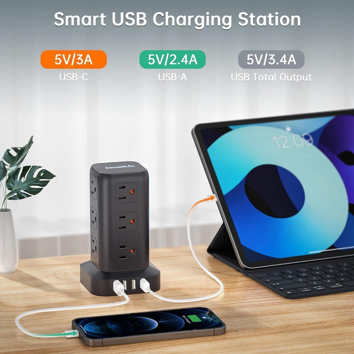Tower Power Bar with USB, SMALLRT 6.5FT Flat Plug Extension Cord Indoor with Multiple Outlets, Desktop Power Strip with 12 Outlet Extender 4 USB for Home Office Dorm Essentials, Black