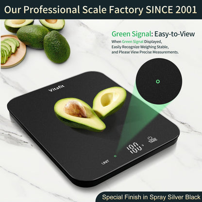 Vitafit 33lb/15kg Digital Food Scale in High Precision 0.1oz/1g, Our Own Kitchen Scale Professional Factory Since 2001, Scale Grams for Cooking & Baking, LED, 3*AAA Battery, Spray Silver Black - Available at All In One Marketplace Canada
