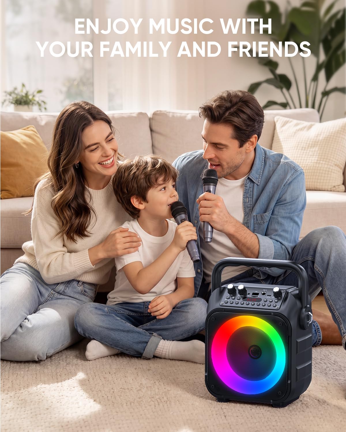 Karaoke Machine for Adults Kids, Portable Bluetooth Karaoke Speaker with 2 Wireless Microphones System with Lights, PA System for Home Party Supports USB/TF/REC/FM/AUX(No Screen Included)